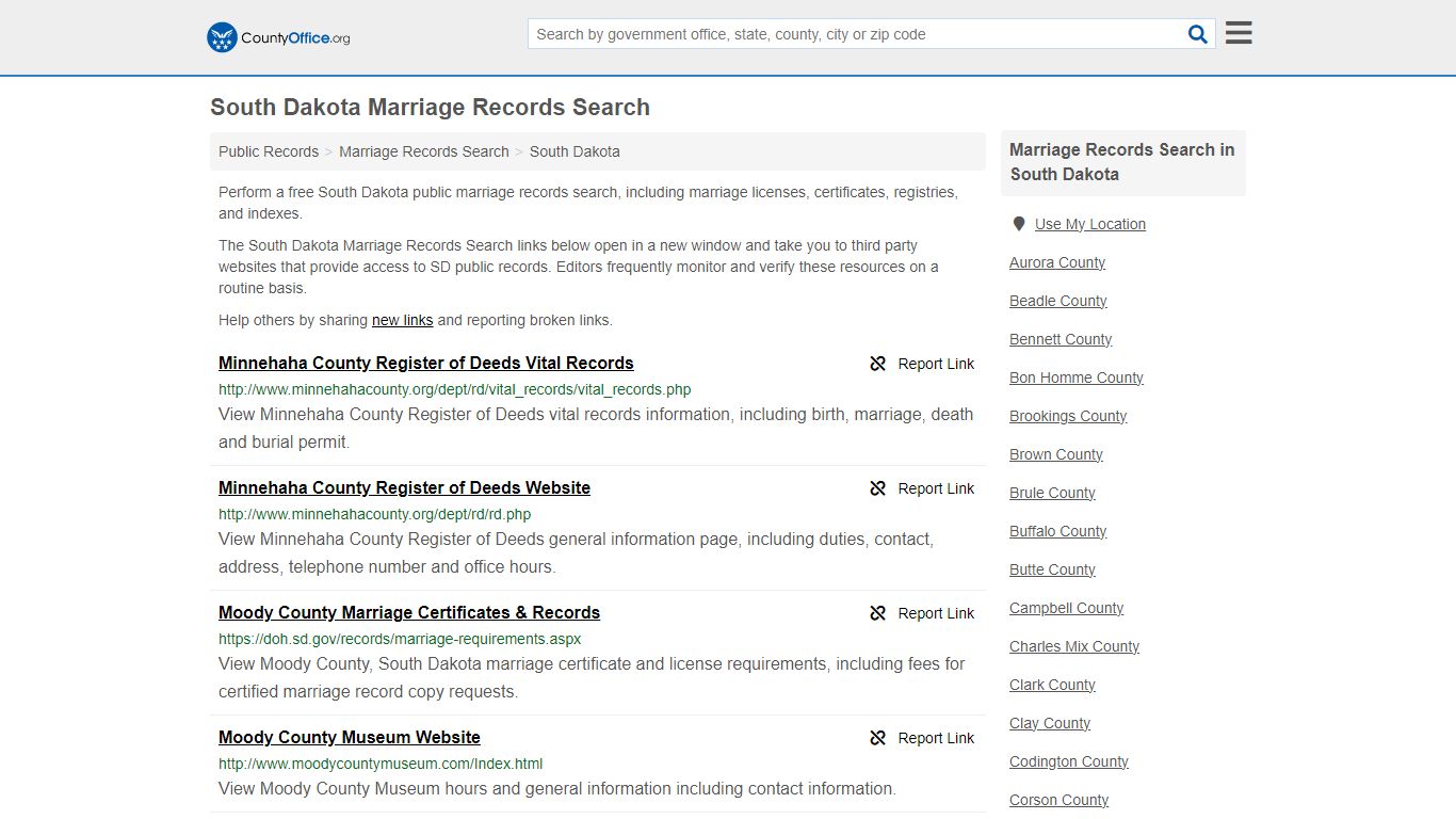 South Dakota Marriage Records Search - County Office