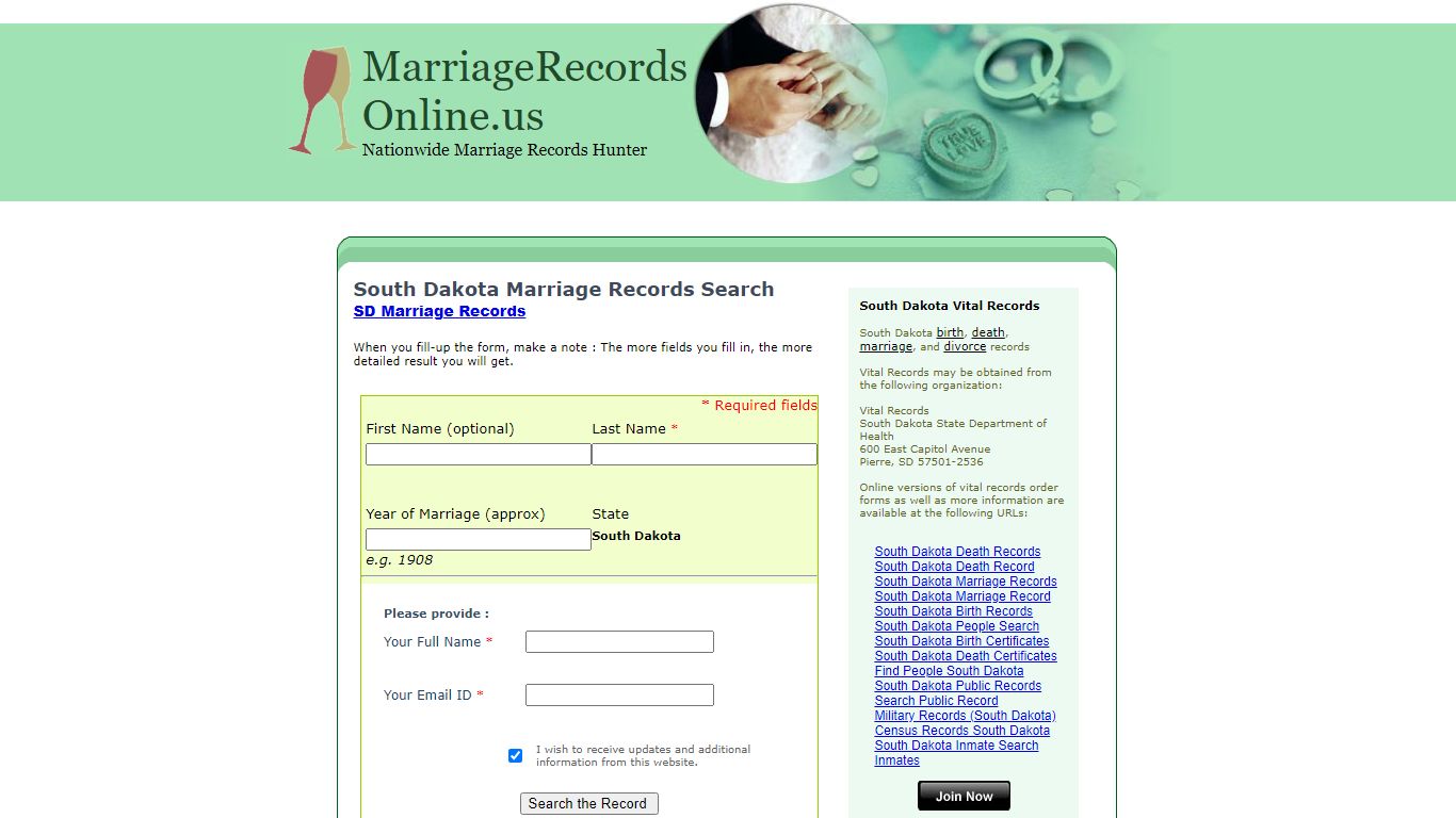 South Dakota Marriage Records Search