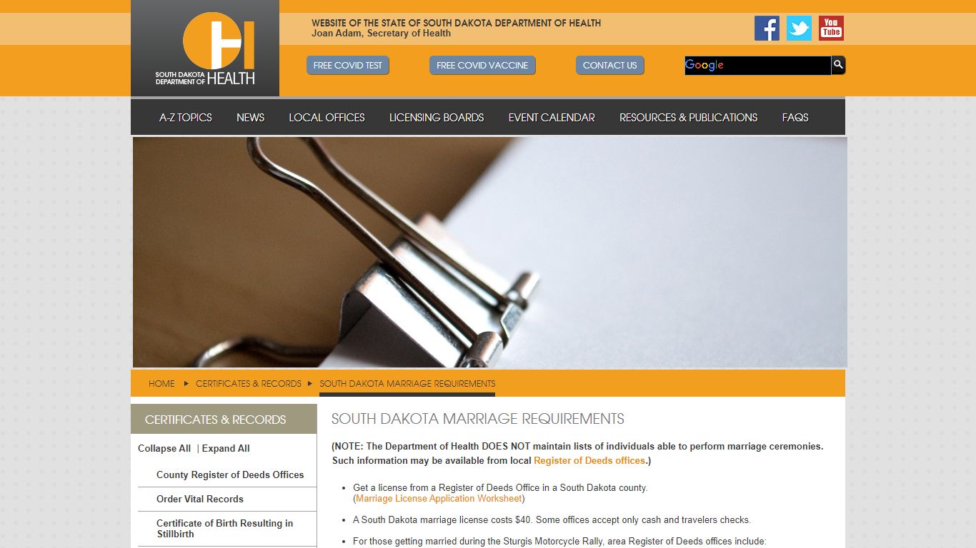 SD Marriage Requirements - SD Dept. of Health - South Dakota